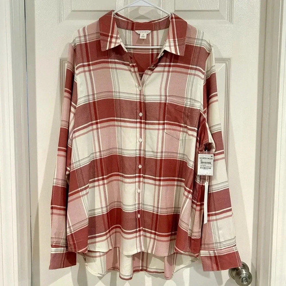 Caslon Soft Flannel Plaid Long Sleeve Button Up Shirt Women XXL Pink Cream NWT - Picture 1 of 12